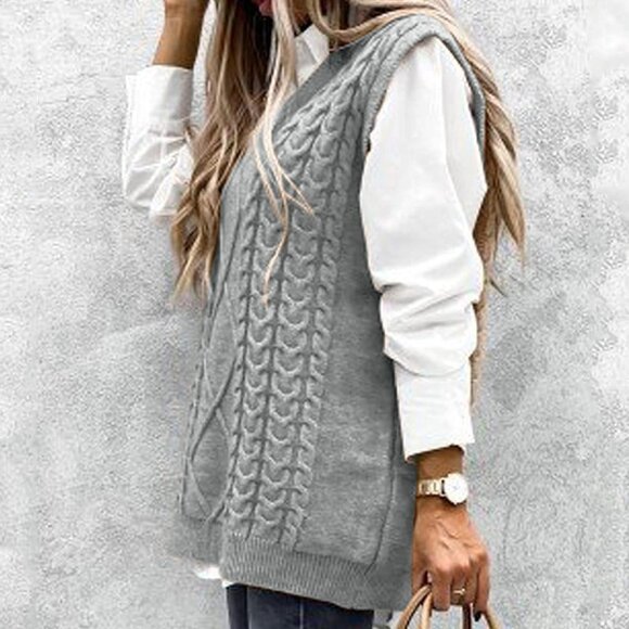 Womens V Neck Oversized Cable Knit Light Grey Sweater Vest Sleeveless Pullover - Picture 5 of 7